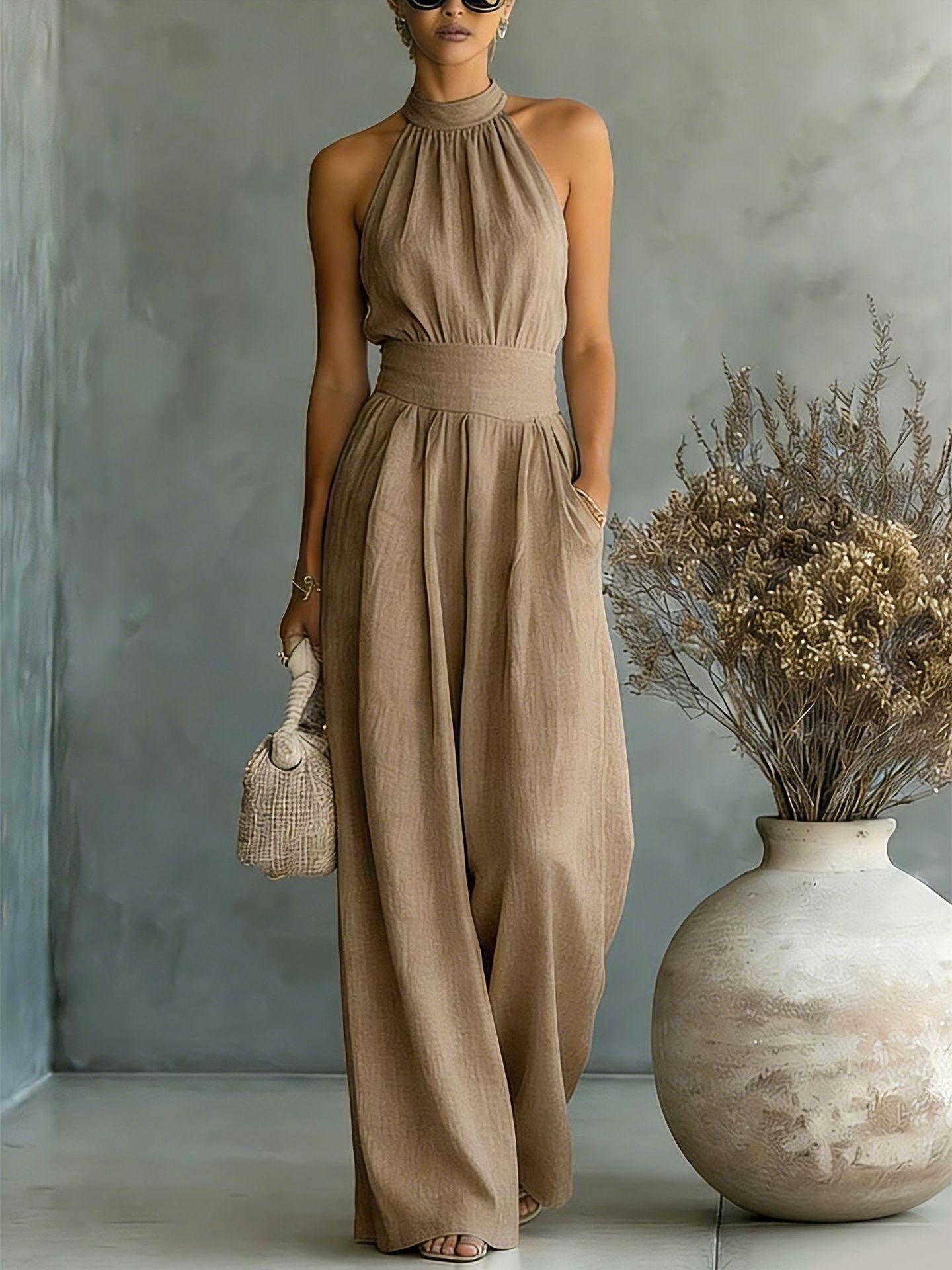 2026 new independent station popular sleeveless neck jumpsuit loose wide-leg version temperament waist jumpsuit S коричневый