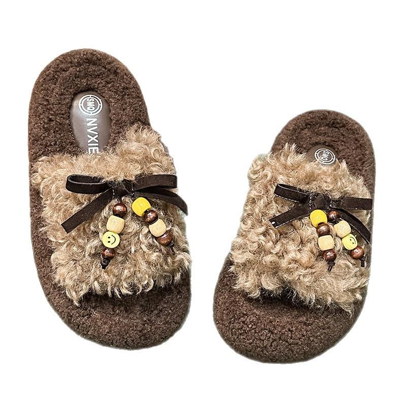 Thick-bottomed outer wear fluffy slippers women's 2025 autumn and winter new fashion small muffin roll plush cotton mop