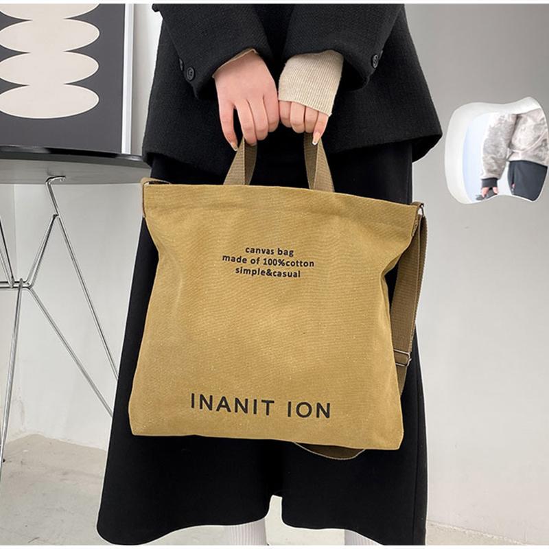 Thickened Washed Canvas Tote Bag Large Capacity Crossbody Shoulder Bag Minimalist Letter Print Design Commuter Zipper Handbag