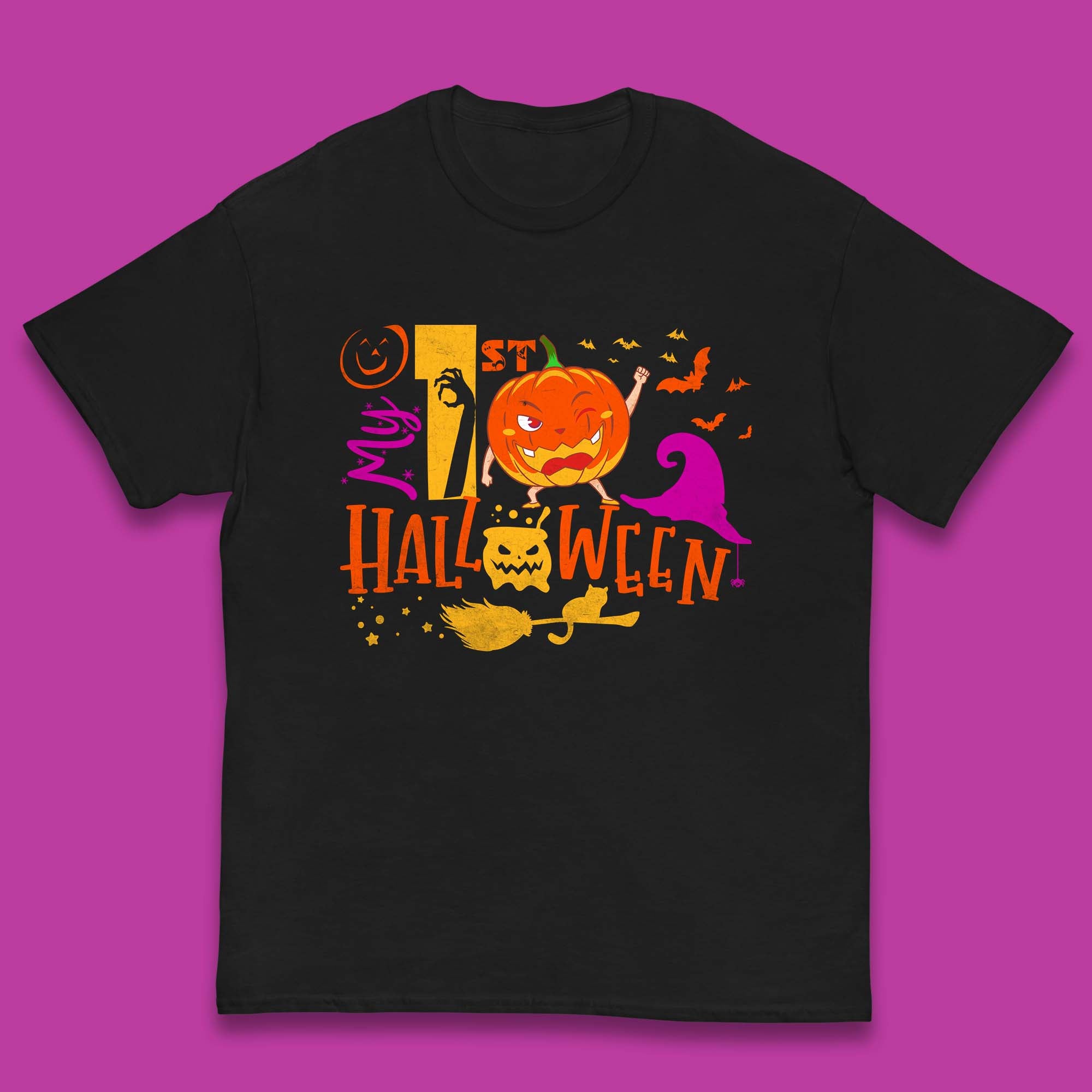 My 1st Halloween Cartoon Halloween Pumpkin Witch Hat Devil Smile Scary Spooky Season Kids T Shirt 100
