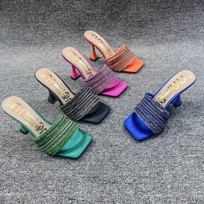 New Rhinestone Slippers for Women Sexy Stiletto High Heel Peep Toe Plus Size Square Toe Sandals Slides Zapatillas Mujer2024