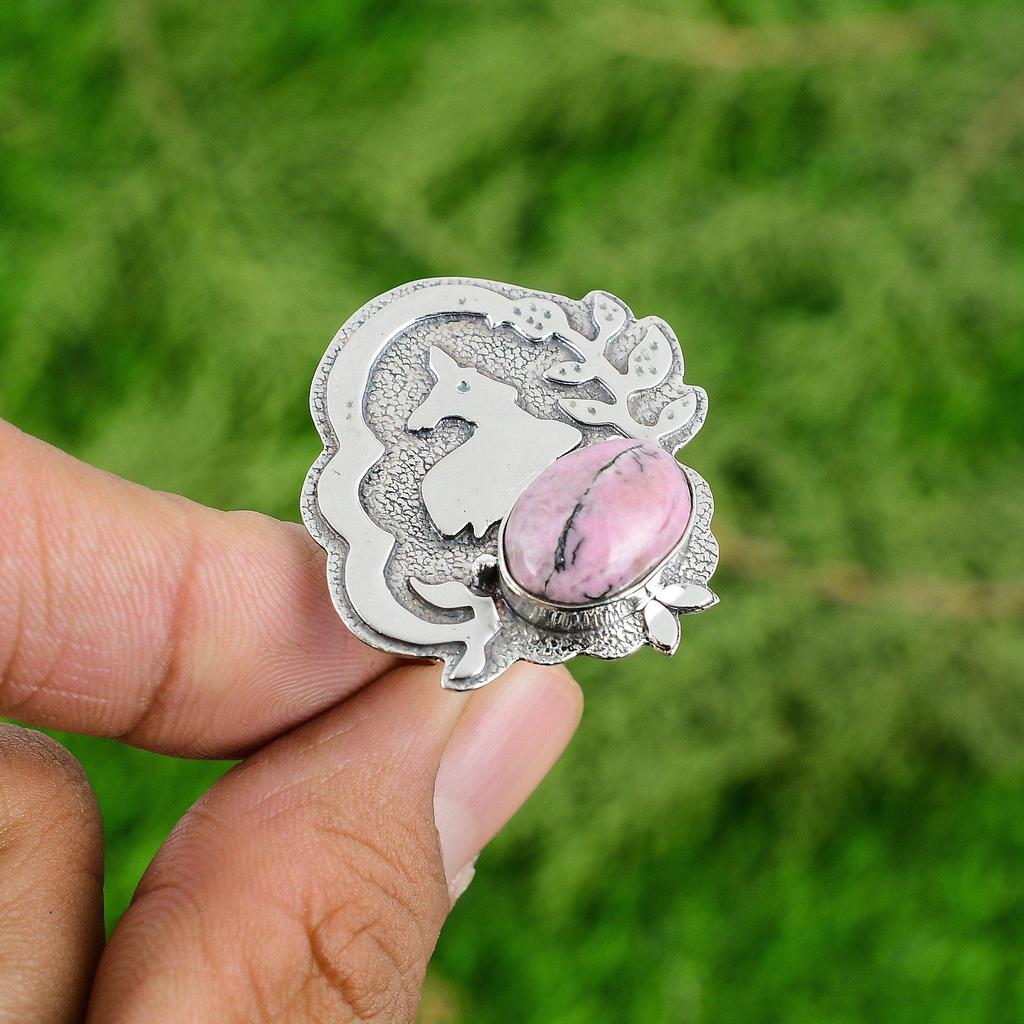 Rhodonite Gemstone Sterling Silver Statement Promise Handcrafted Birthday Ring