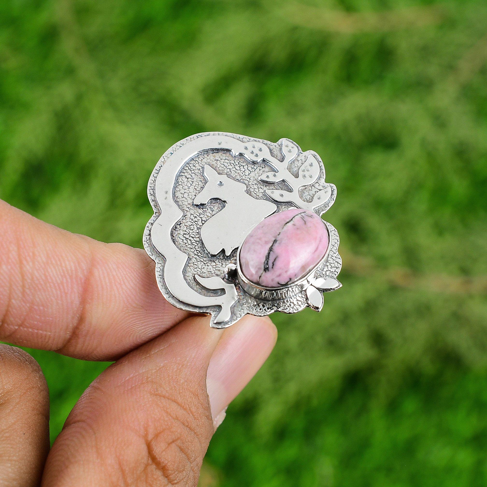 

Родонит Драгоценный камень Стерлинговое серебро Заявление Обещание Ручной работы Кольцо на день рождения Adjustable