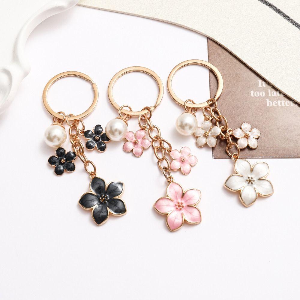 Alloy Cherry Blossom Keychain Enamel Coating Cute Bag Charm Durable Pearl Drop Keyring For Women