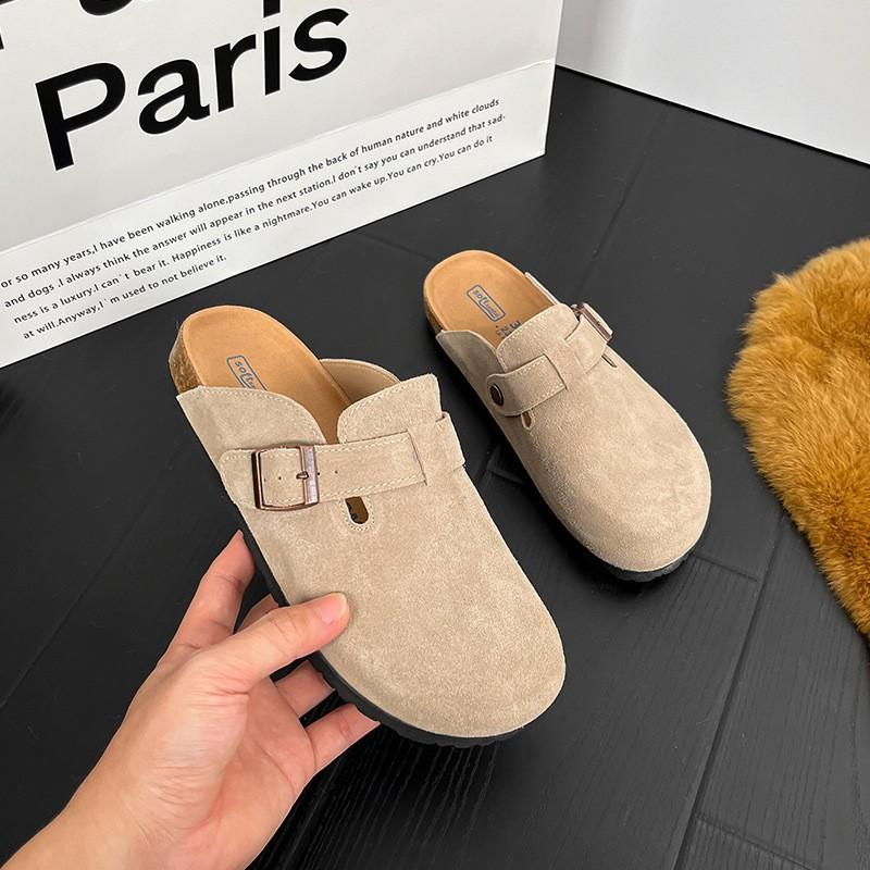 Premium cowhide version~ Baotou leather buckle with casual platform shoes slippers women's half drag