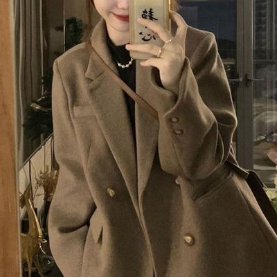 Office Brown Retro Woolen Blazer Jacket Women Autumn Winter Elegant Loose Thickened Coat Korea Chic Overcoat Female Office Lady