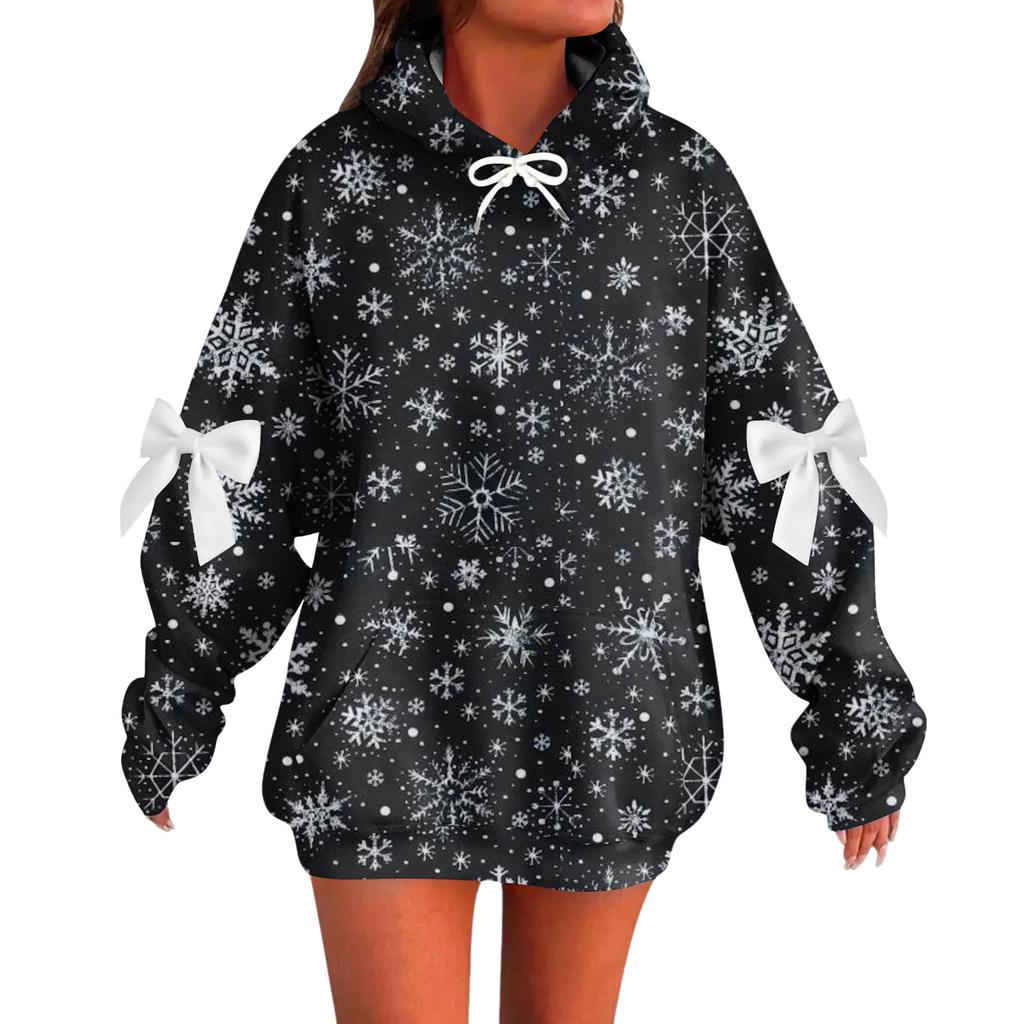 Ladies' Christmas Printed Bow Long Sleeved Loose Fitting Headband With Rope Hooded Sweatshirt Top
