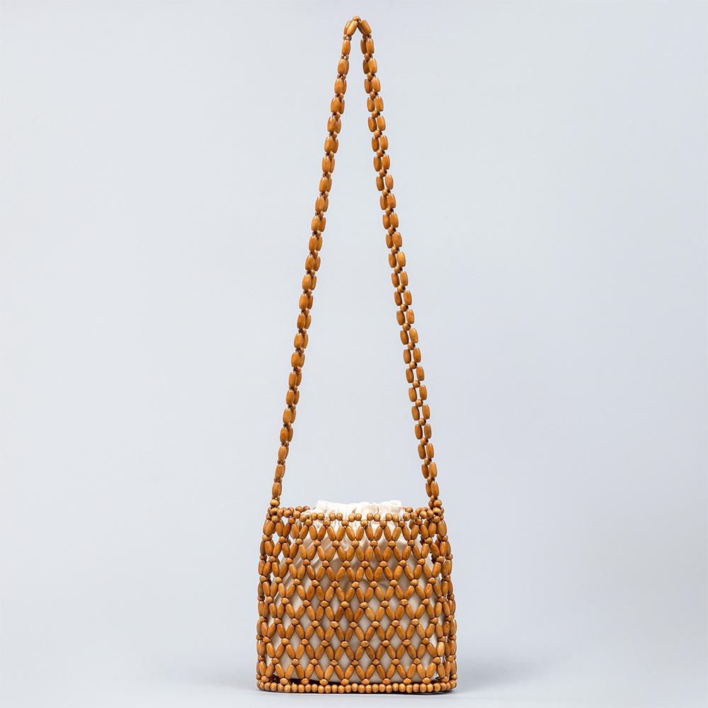 

Summer Hand-woven bag for women beach vacati wooden beaded handbags with inner pocket travel patchwork hollow out shoulder bag 21x3x19cm кофейный