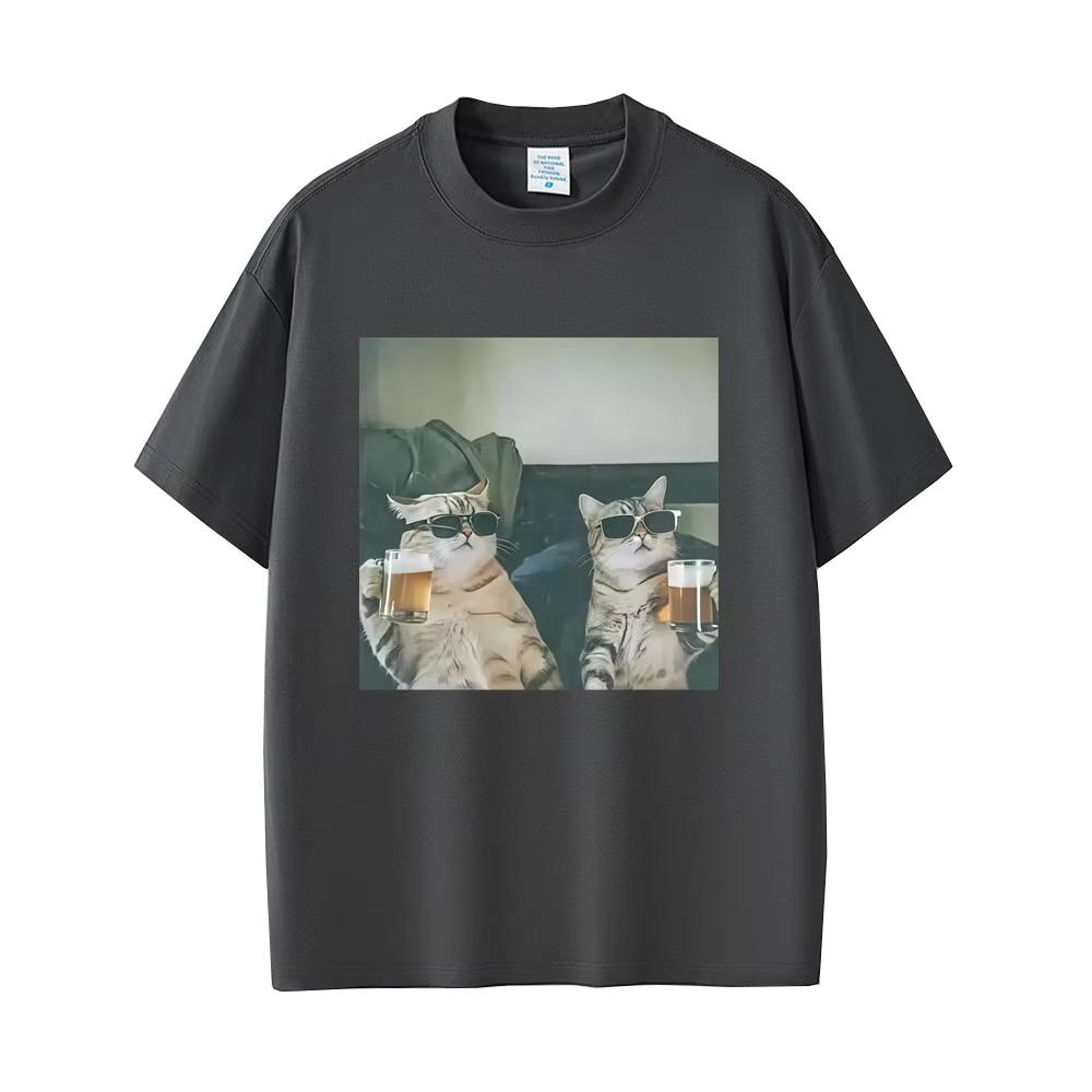 Cool Cat Drinking Beer Funny Meme T-shirts Men Women Casual Cotton Vintage Short Sleeve T Shirt Men's Crewneck T-shirts