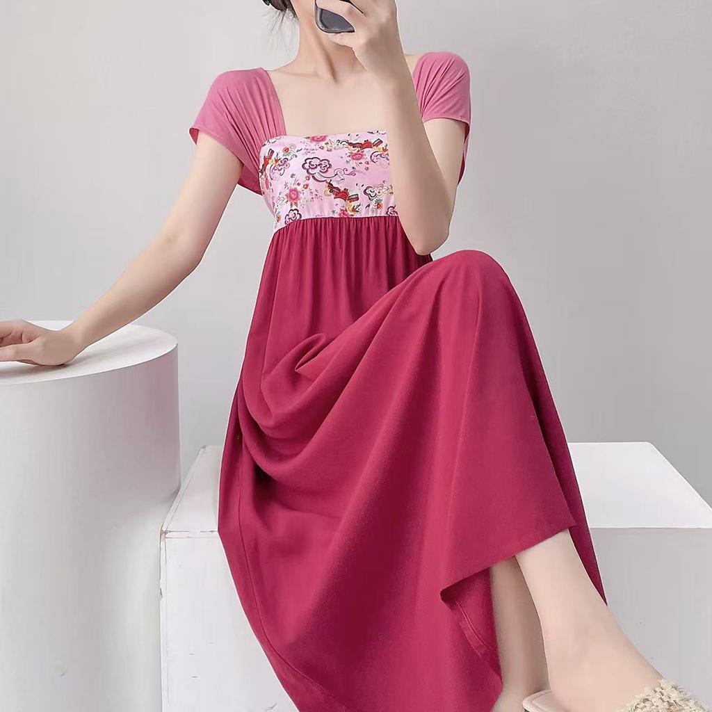 Hanfu nightdress women's summer square neck short-sleeved skirt solid color lace-up national style cotton and silk loungewear mint green cotton silk 