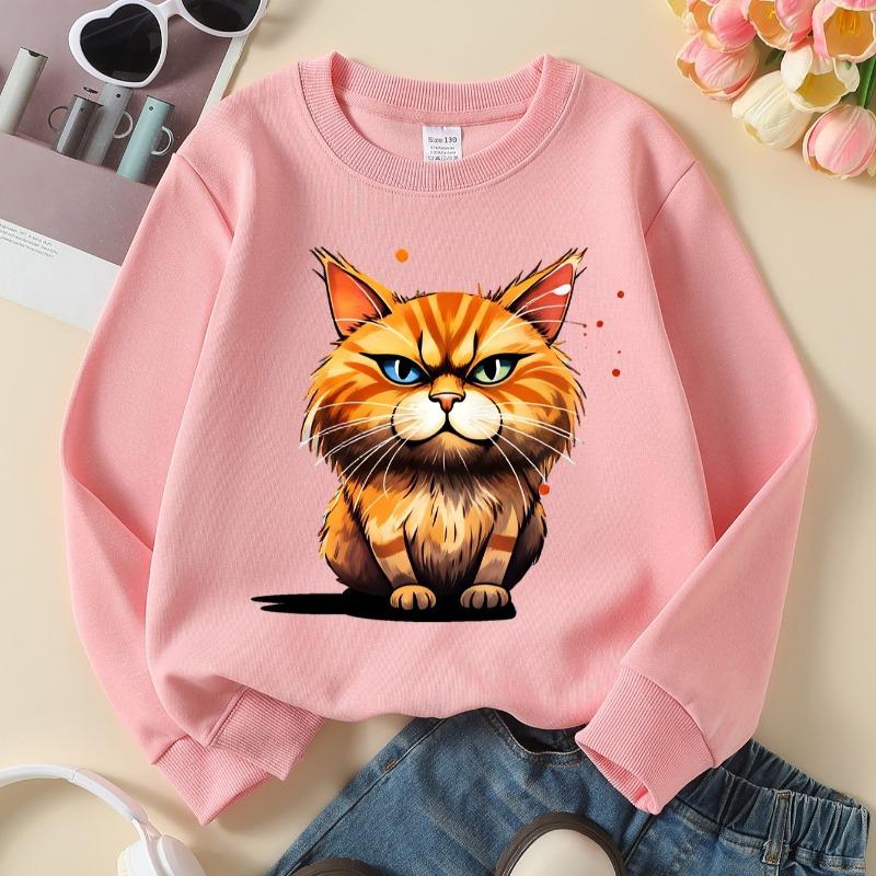 Kids Crewneck Sweatshirt, Angry Orange Cat Cartoon Creative Print,Daily Casual Top for Spring & Autumn