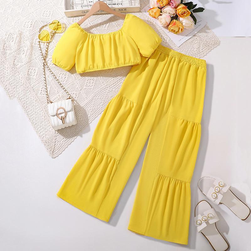 Girls' Leisure Suit Spring and Summer Children's Fashion Short-sleeved Top Wide-leg Pants Two-piece Suit