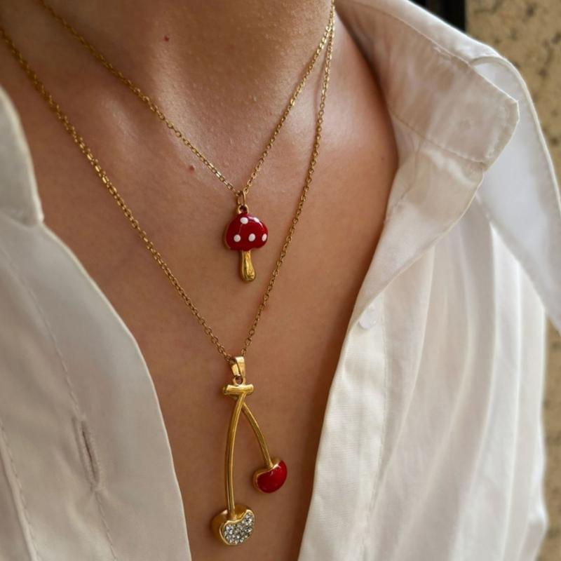 Simple Cherry Mushroom Drop Oil Pendant Neckchain Stainless Steel Layering Necklace Jewelry For Women Daily Wear
