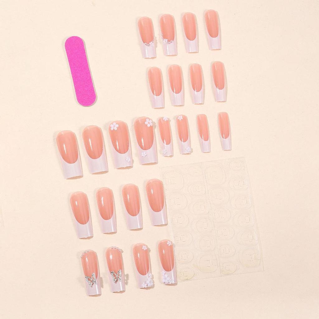 European-American Style French Edge Press-On Nails with Pearls, Butterflies, and Floral Designs