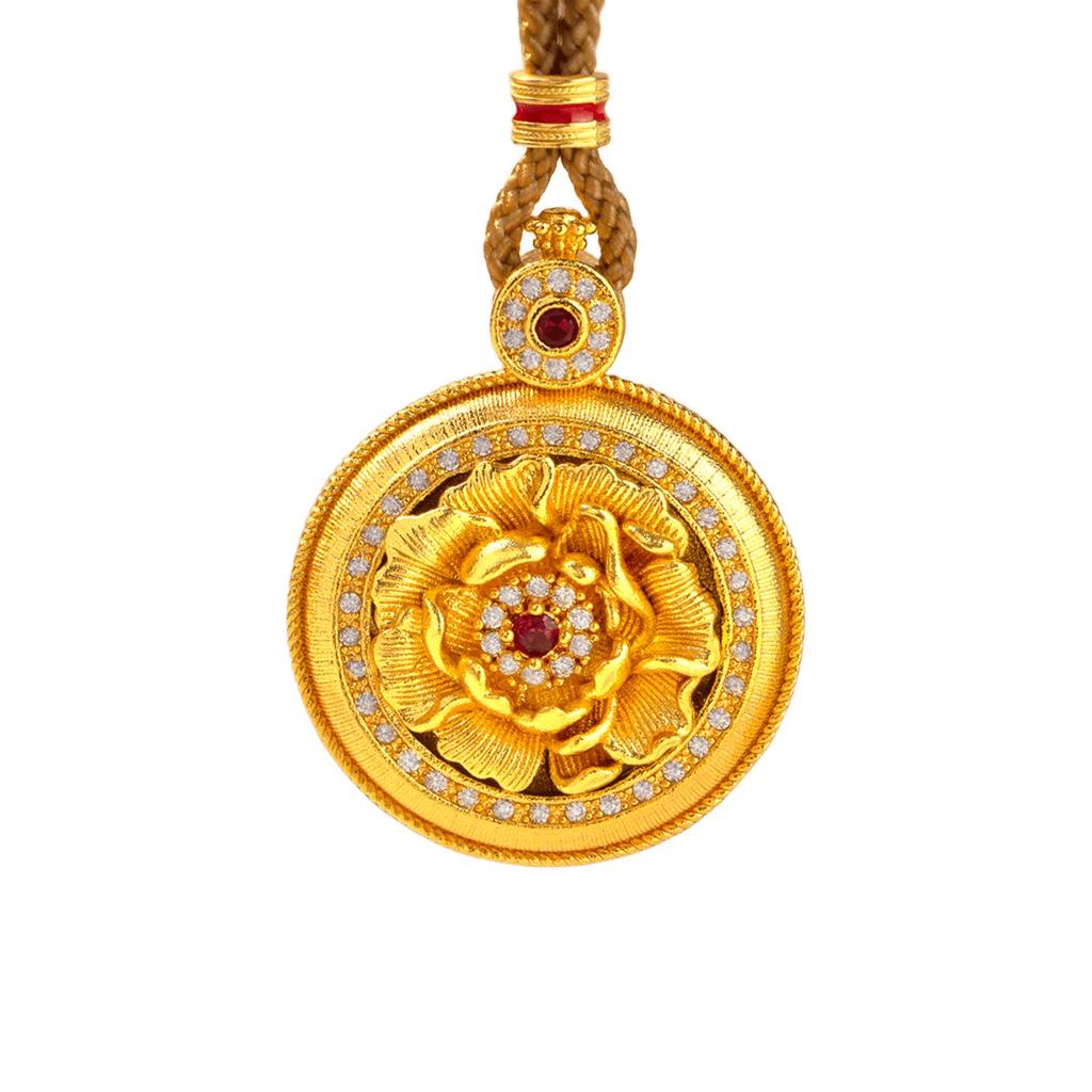 Elegant Sand Gold Rhinestone Peony Flower Pendant with Braided Rope for Women