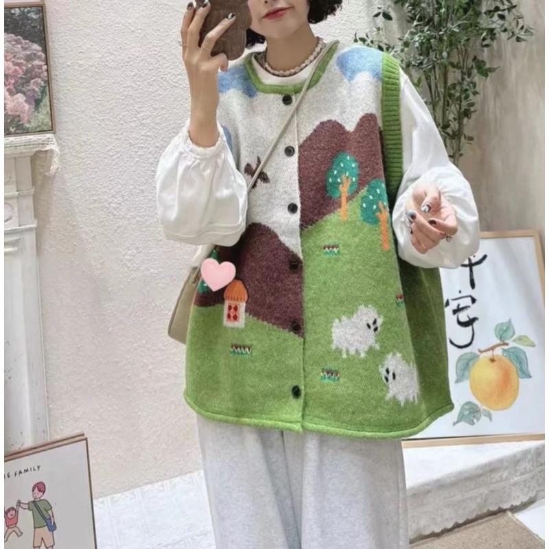 Jacquard Knitted Waistcoat Cardigan Women's Autumn Loose Plus Size Soft Stacked Knitwear Vest