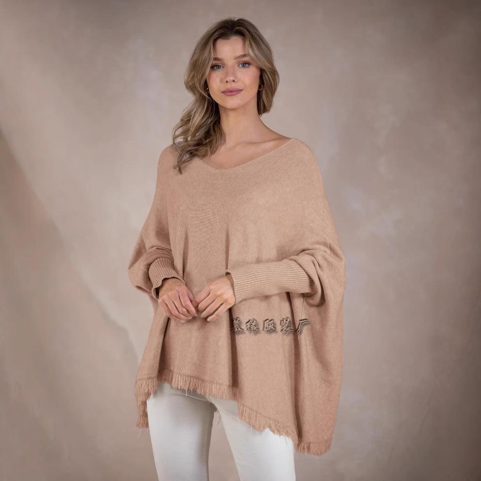 Autumn and winter European and American popular pullover sweater solid color loose top one-neck knitted sweater