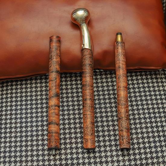 Wooden Walking Cane with Polished Brass Handle Hand-Carved Nautical Floral Design Walking Stick Elegant Cane for Men Collector’s Gift