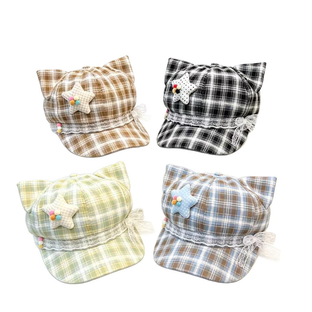 New Cat Ear Plaid Newsboy Hat Female Autumn Sweet and Cute Face Small Octagonal Hat Bow
