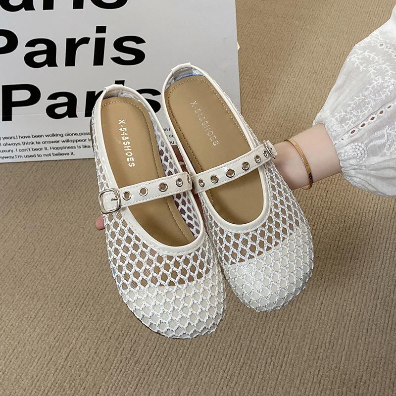 

Универсальные тапочки 2025 лето новинка нишевые сетчатые на плоской подошве со стразами полые модные пляжные римские туфли женские 40 бежевый