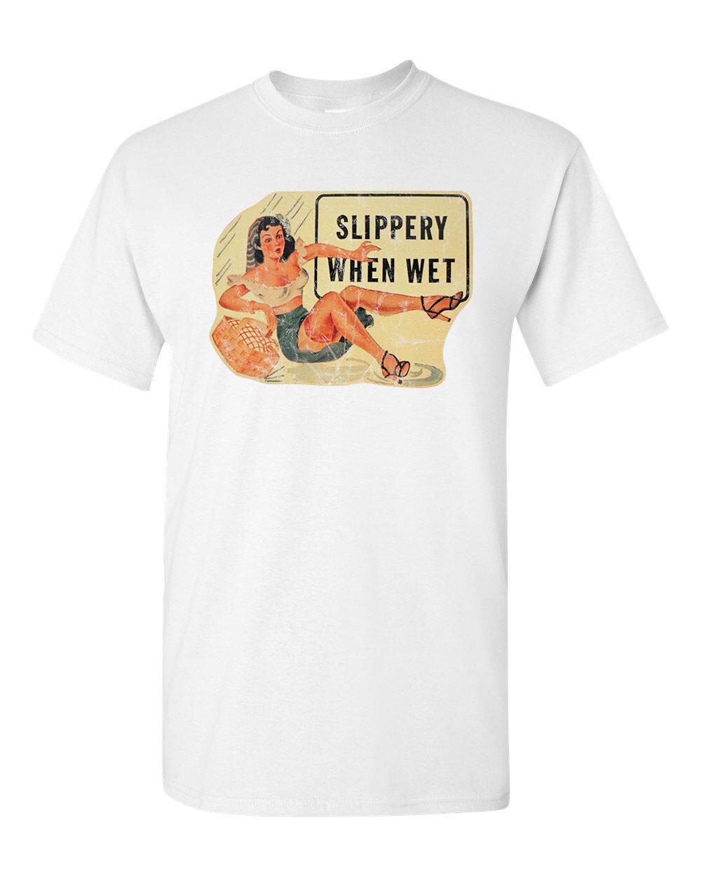 Retro Tee T Shirt 100% Cotton Vtg Pinup Girl Art Slippery When Wet L