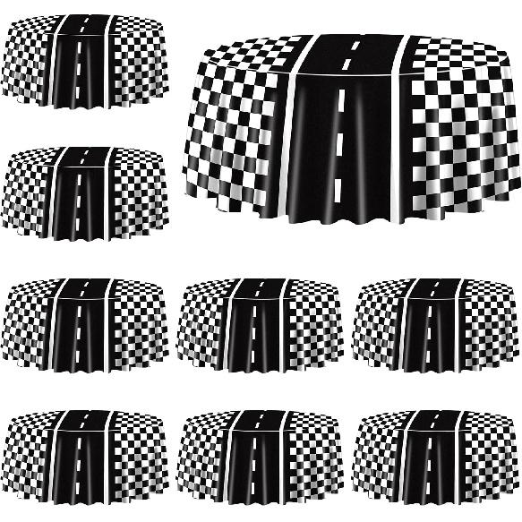 Racing Car Tablecloths for Round Table, Plastic Black Racetrack Tablecover for Kid's Birthday Racing Car Theme Party Fast One Two Fast Party, 84 x