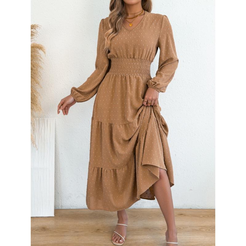 Women Elegant Solid Color Pom Pom Long Sleeve High Waist Ruffled A Line Long Dress