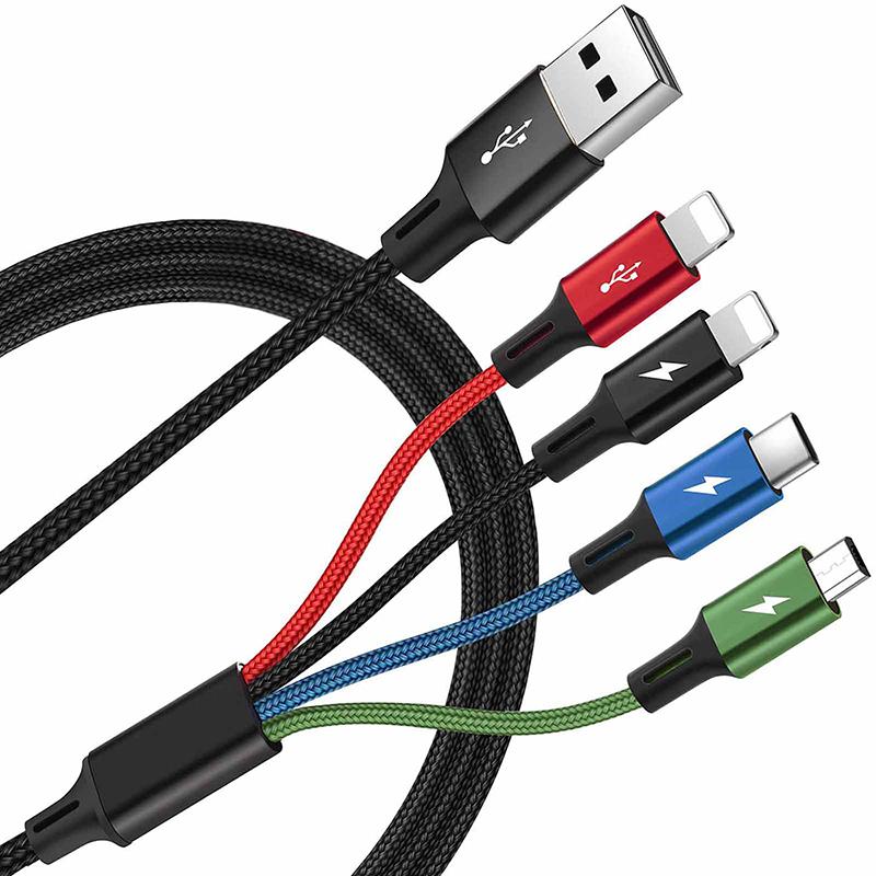 

4 In 1 Usb Fast Charging Cable For Phone Micro Usb Type C Charger Cable Multi Plug Charger Fast Charging Cord Adapter one size