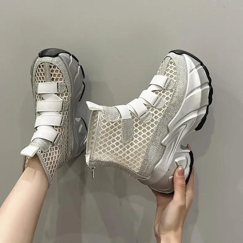 Fashion 7cm Air Mesh Denim 2024 Synthetic Breathable Ankle Boots Summer Hollow Ziper Boots Woman Fashion Shoes Comfortable Sandals