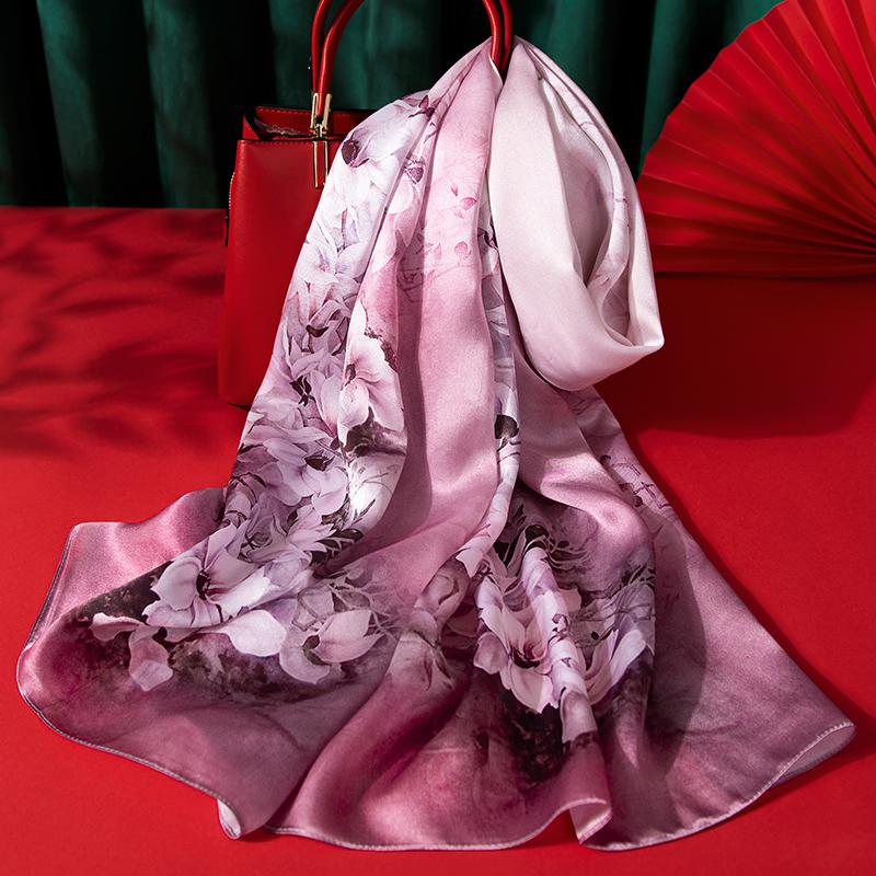 Women Silk Scarf Long Head Scarves Luxury 100% Silk Shawls Wraps Floral Summer Hair Scarf Print Neckscarf Pure Real Silk Scarves