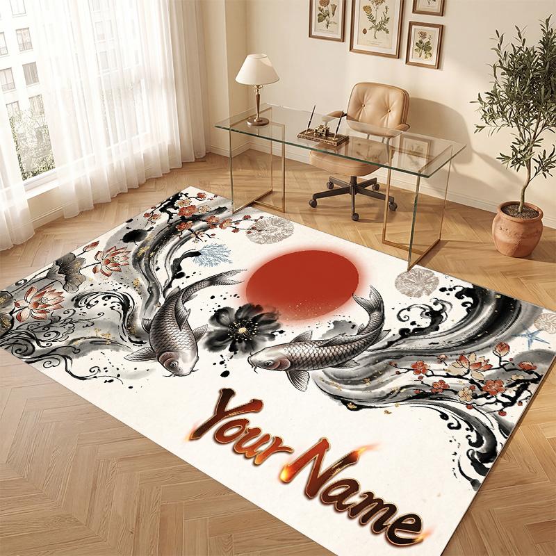 Koi Fish Theme Soft Crystal Velvet Rug Custom Name & Text Print Non Slip Floor Rug for Bedroom Living Room