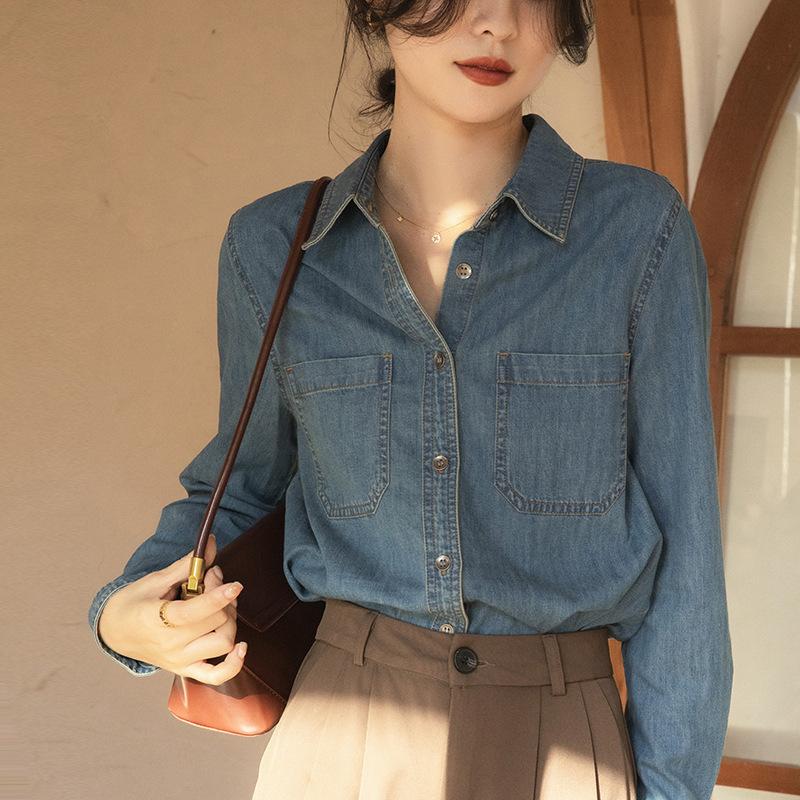 Retro Blue Front Shoulder Denim Shirt for Women In Spring and Autumn New Design Niche French Top Underwear Shirt