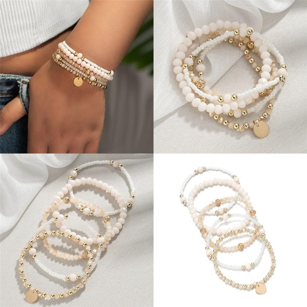 5Pcs Resin Beaded Bracelet Set Elastic Crystal Look Bracelets Elegant Stretch Bracelets for Women