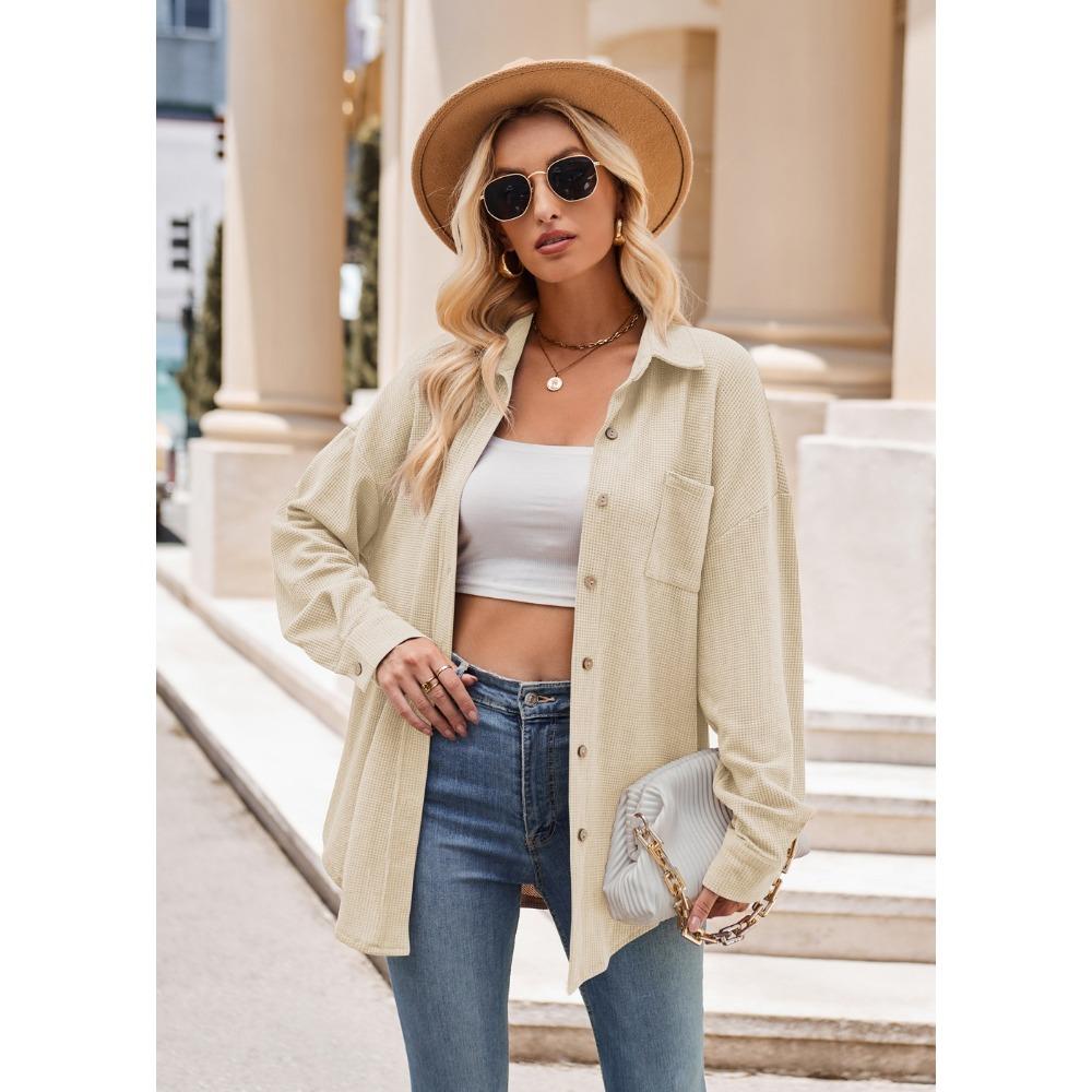 Autumn and Winter Casual Loose Pocket Waffle Fashion Women's Blouses & Shirts