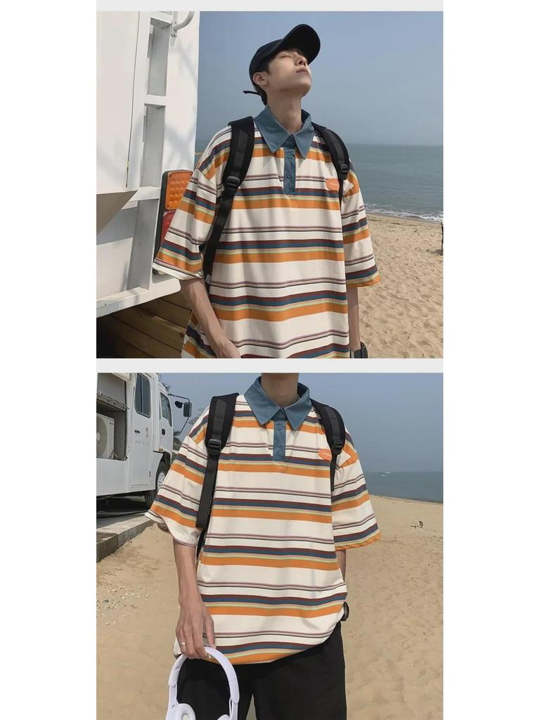 Męska koszulka polo w paski Harajuku - Modna, luźny krój, casualowy styl hip-hopowy