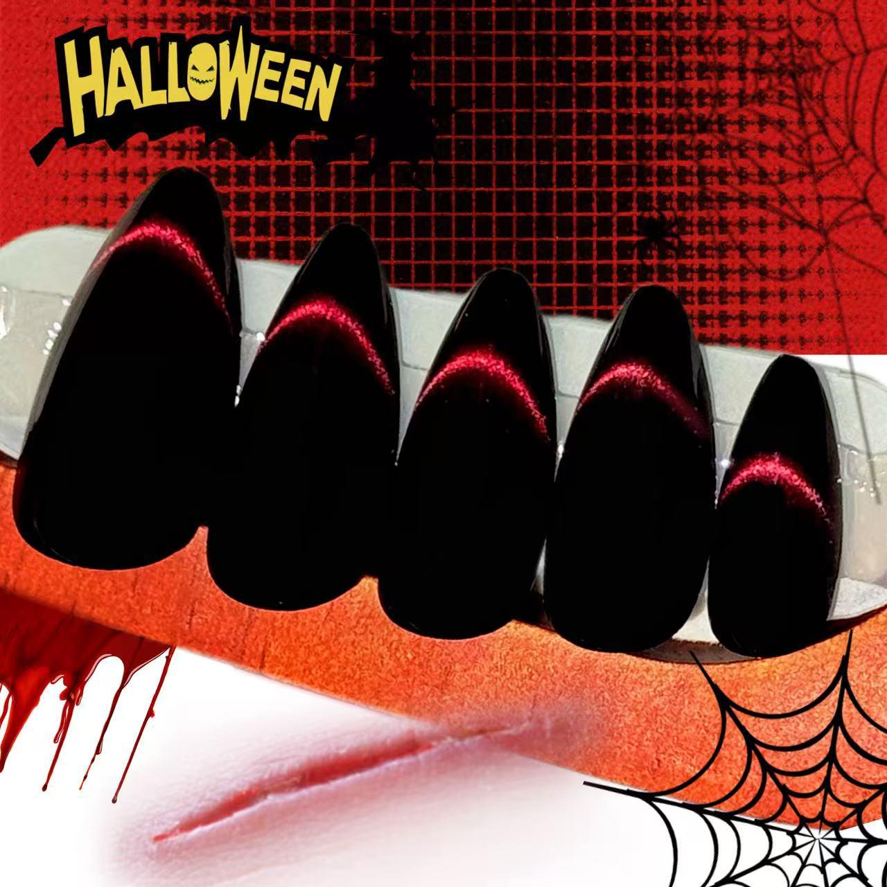 

24pcs Autumn/Winter Black Red Smile Cat Eye Shiny Wearable Nails: Skin Whitening High-Grade, Simple Finish