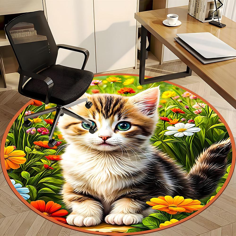 1pc Cat Flowers Office Round Rug, Carpet for Office, Gaming, Lightweight Round Floor Mat Yy260205021