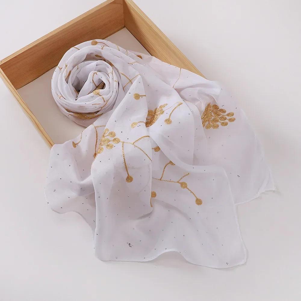 New Embroidered Diamond Chiffon Hijab Scarf Women Luxury Soft Plain Shawl For Women Muslim Hijabs For Women Turban Femme Bandana