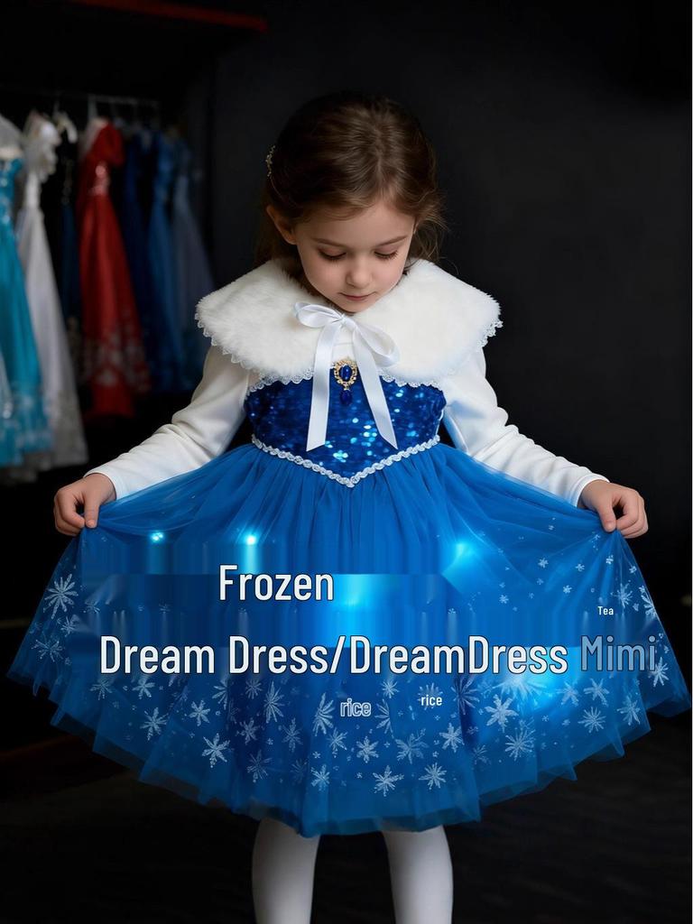 Glitzerndes leuchtendes Elsa Prinzessinnenkleid für Mädchen - Beflockter Herbst-/Winter-Halloween-Stil