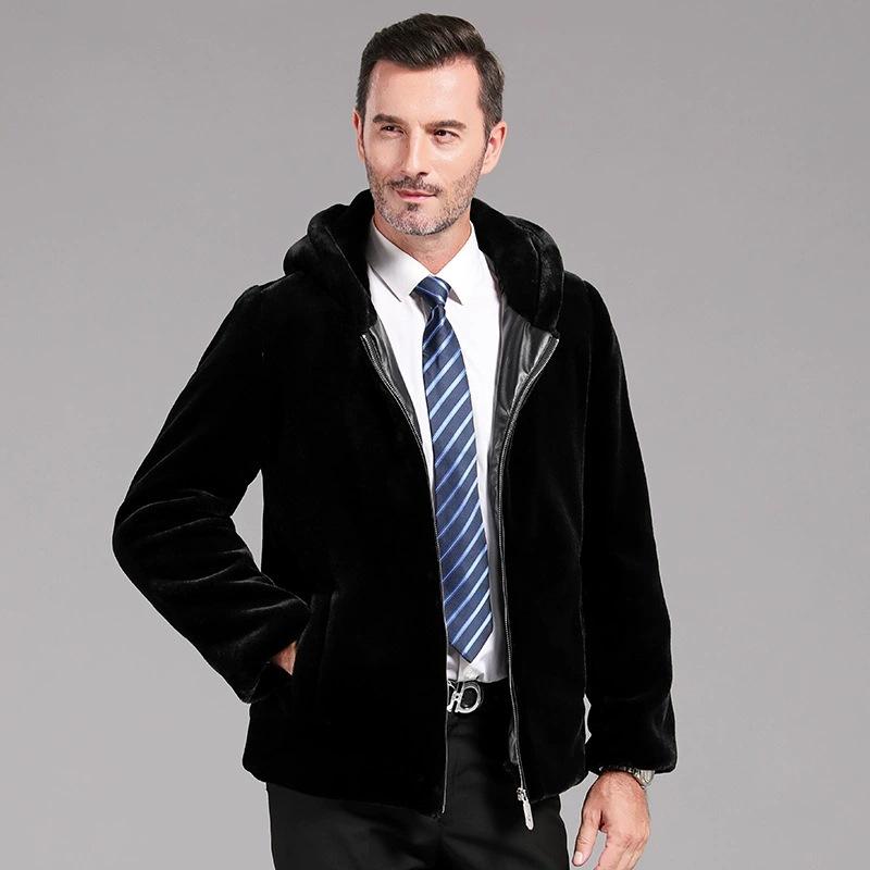 Winter Plush and Thickened Jacket Men's Mink Velvet Hood, Golden Mink Velvet Jacket Middle-aged and Elderly Father's Winter Cardigan New Style