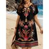 Women's Casual V Neck Short Sleeve A Line Print Dress Blue Leaf Pattern White Background Summer Dress 2024 New Fashion