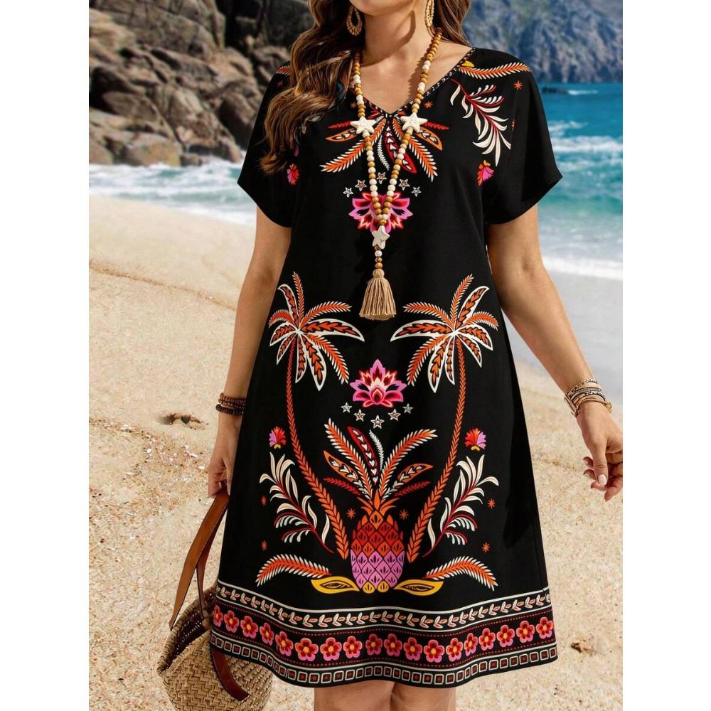 Women's Casual V Neck Short Sleeve A Line Print Dress Blue Leaf Pattern White Background Summer Dress 2024 New Fashion