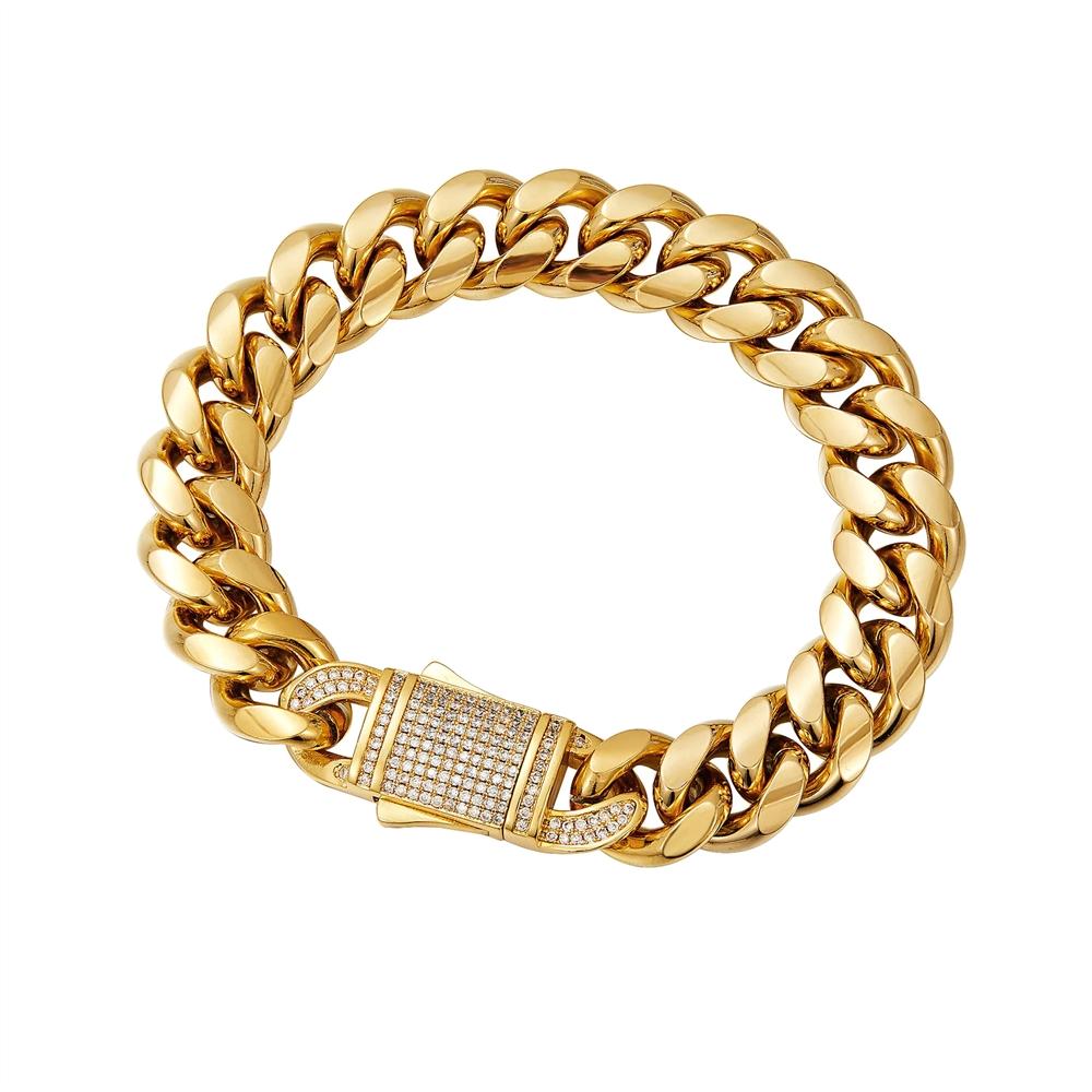 6/8/10/12/14mm Iced Out CZ Spring Clasp Cuban Link Chain Bracelet 18K Gold Plated Stainless Steel Bracelet for Men