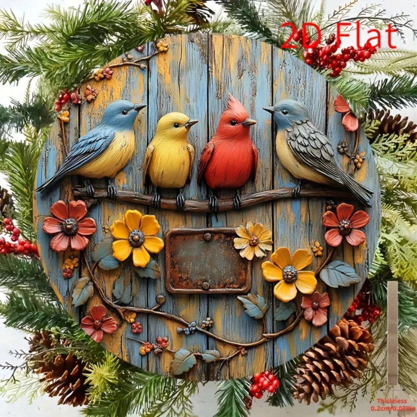Vintage Bird Floral Wreath Wall Art Metal Tin Sign Home Decor 20x20