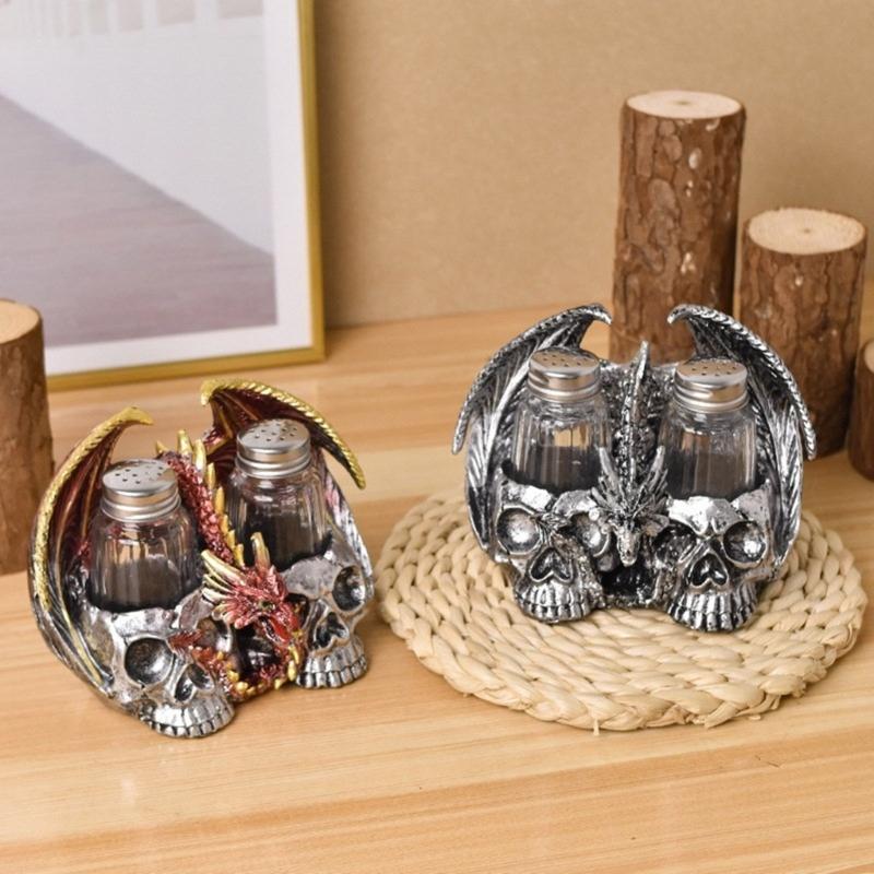 Scary Dragon Skull Statue Resins Figurine with Spices Shaker Holder Rack for Halloween Party Kitchen Restaurant Decors