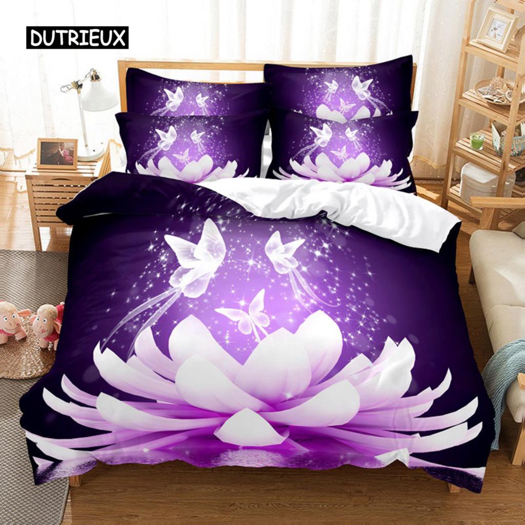 Purple 3D Bedding Set Polyester Duvet Cover Queen King Twin Single Lavender Butterfly Quilt Cover