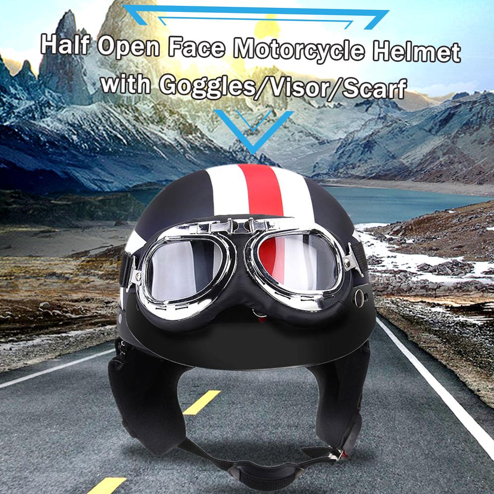 Half Open Face Motorcycle Helmet with Goggles Visor Scarf Biker Scooter Touring Helmet Retro Vintage Style Motocross Motorbike
