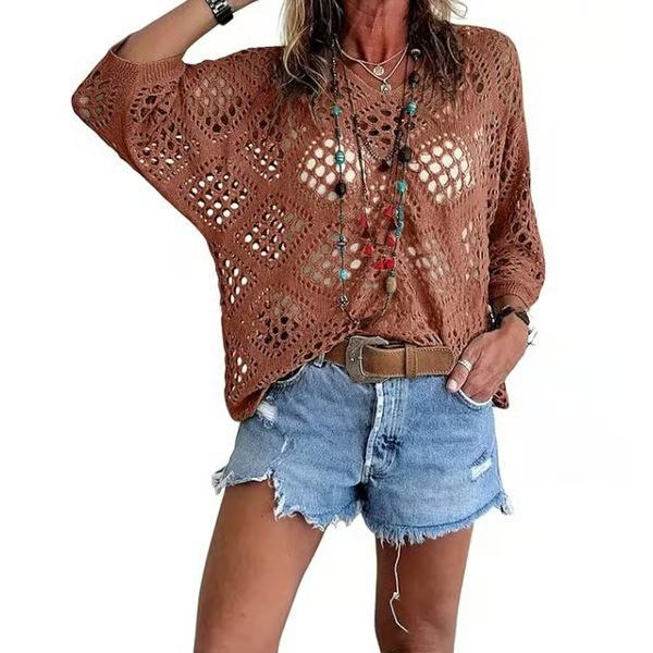 Women Spring Summer V-neck Diamond Hollow Out Batwing Sleeve Knit Sweater Loose Cover Up Blouse