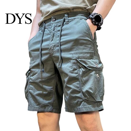 Men Cargo Shorts Elastic Waist Adjustable Drawstring Casual Straight Leg Beach with Reinforced Pockets Solid Color