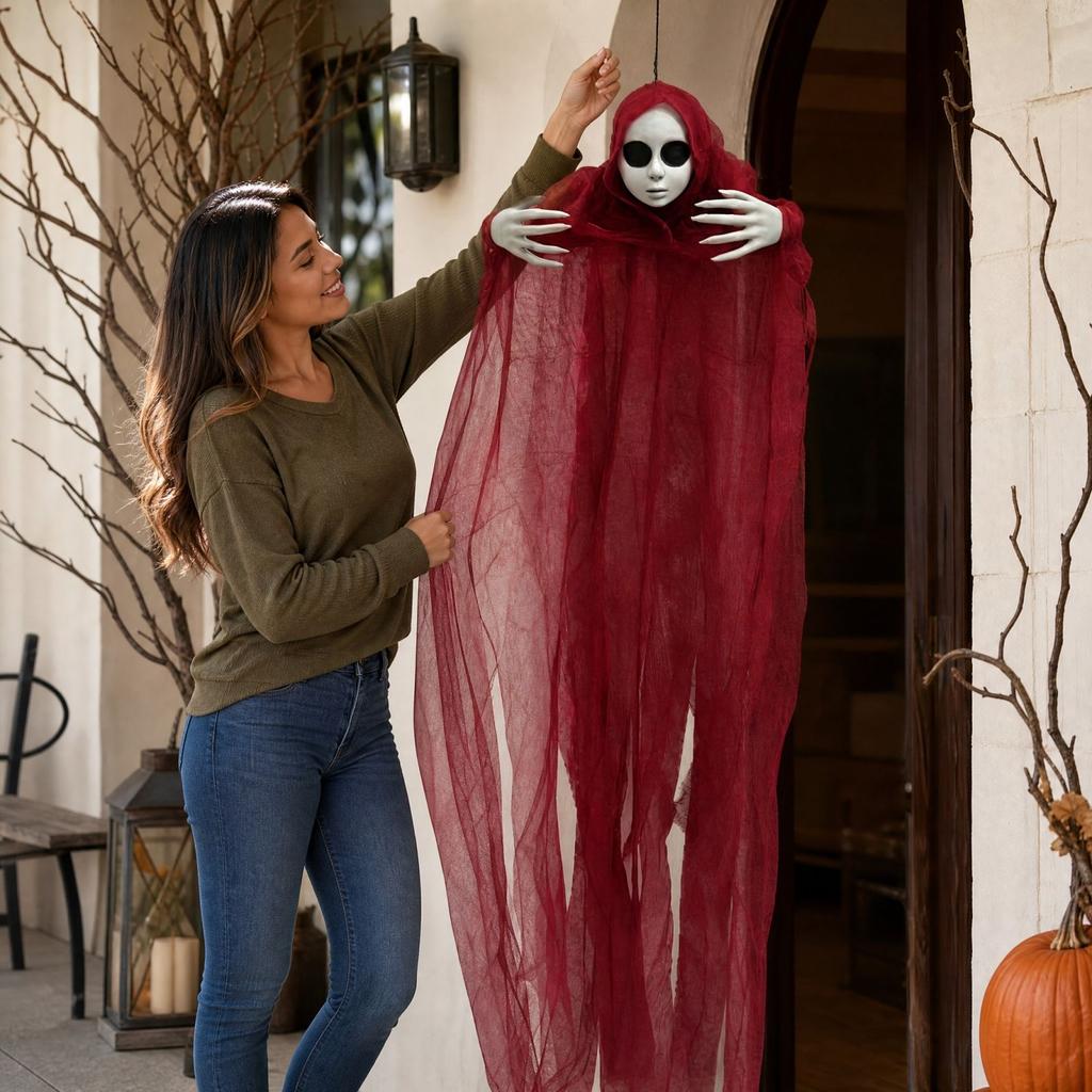 Halloween Hanging Red Skeleton Decoration Prop for Scary Party Scene Setup